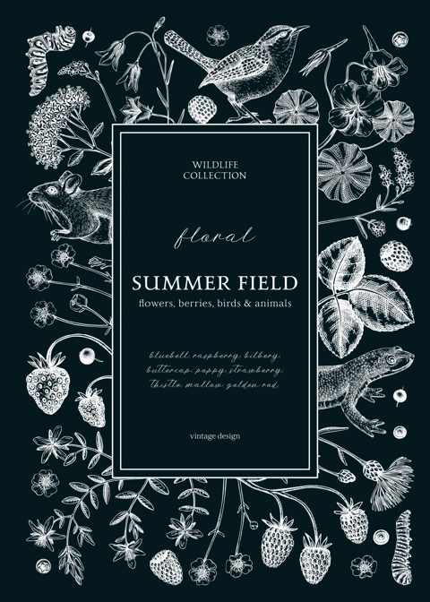 Retro style floral wreath design. Vintage summer background. Wildlife sketches on chalkboard. Wildflowers botanical illustration. Hand-drawn field flowers, birds, and animals for wedding invitation